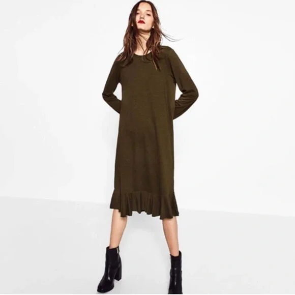 ZARA | Dress Olive Green Ruffle Hem Midi